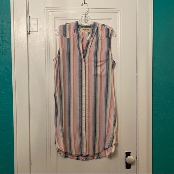 Cloth & Stone Sunburst Stripe Fray Hem Sleeveless Button Down Shirt Dress Size M - Picture 5 of 7